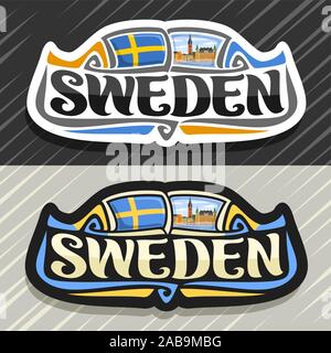Il logo del vettore per la Svezia paese, frigo magnete con bandiera svedese, spazzola originale carattere tipografico per word in Svezia e simbolo svedese - Chiesa di Riddarholmen in S Illustrazione Vettoriale