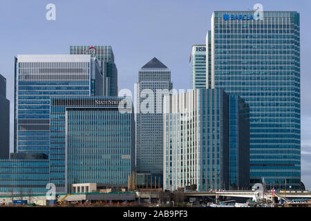 Banca Citi, State Street, One Canada Square, HSBC e Barclays Bank Building, Canary Wharf, il quartiere finanziario di Londra, Regno Unito Canary Wharf business distr Foto Stock