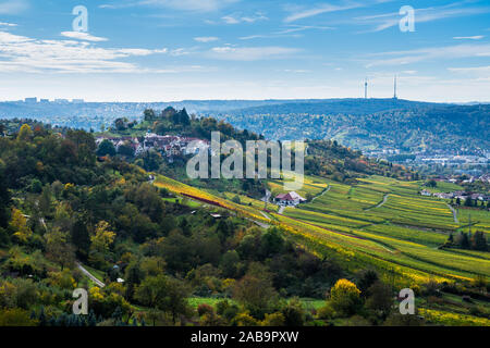 Germania, Stuttgart City tv tower dietro colorato di vigna e distretto rotenberg su di una collina nella stagione autunnale, la prospettiva aerea Foto Stock