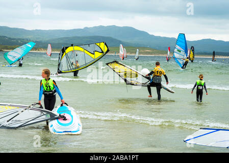 Wind surf in Downings Bay, Donegal, Irlanda Foto Stock