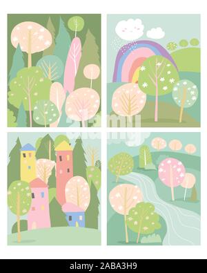 Set di primavera paesaggio in stile piatto Illustrazione Vettoriale