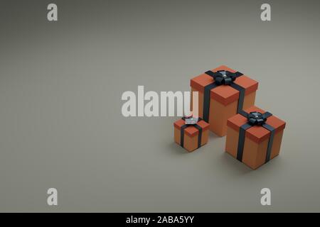 Confezioni regalo con nastri lucenti e la prua. Festosa, packaging design minimalista per le cartoline o pubblicità negozi. Il rendering 3D'illustrazione. Foto Stock