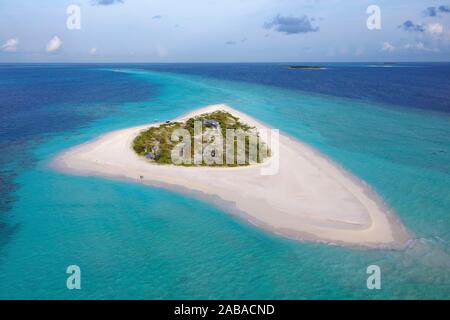 Vista aerea, isola disabitata per escursioni, isole Maldive, escursione isola con ampia spiaggia di sabbia, Maldive Foto Stock