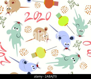 Modello senza soluzione di continuità con la divertente colorato ratti. 2020 Felice Anno Nuovo! EPS10 illustrazione vettoriale.traduzione cinese: Zodiaco rat Illustrazione Vettoriale
