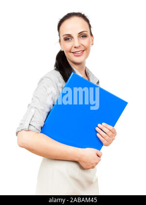 Eine tuechtige Geschaeftsfrau Mit einem blauen Ordner vor weissem Hintergrund Foto Stock