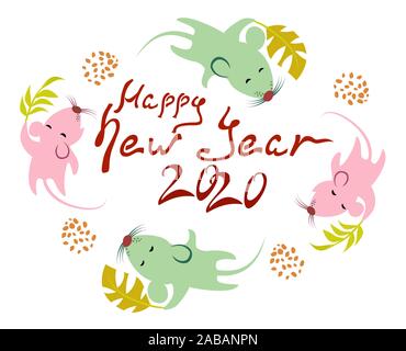 Felice anno nuovo 2020. Immagine di divertenti ratti colorati. EPS10 illustrazione vettoriale. Illustrazione Vettoriale