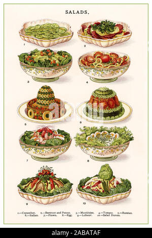 Insalate Vintage Litografia a colori illustrazione pagina 1800 Mrs Beeton del libro di cucina - insalate L-R il cetriolo, la barbabietola e la patata, Macedoine, pomodoro, Russo, Italiano, gamberi, uovo, aragosta, Insalata Dumas. Foto Stock