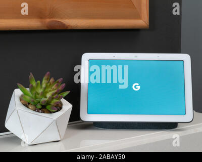 Nov 2019, UK - Google Nest mozzo in fase di avvio con il logo di Google su sfondo blu Foto Stock