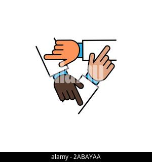 Tre Mani di supporto gli uni con gli altri, il concetto di gioco di squadra, icona di colore del vettore Illustrazione Vettoriale