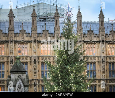 Londra, Regno Unito. 26 Nov, 2019. Il festively albero di Natale illuminato presso la Casa del Parlamento è l. Sebbene sia ancora in novembre, quasi tutte le strade dello shopping e i punti di riferimento di Londra hanno avuto le loro decorazioni natalizie e le illuminazioni della pressione intrauterina. Credito: Imageplotter/Alamy Live News Foto Stock