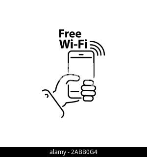 Smartphone in mano e l'iscrizione free Wi-Fi e linea lineare icona Vettore, segno, simbolo. network Wi-FI Illustrazione Vettoriale