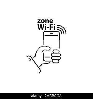 Smartphone in mano e la scritta ZONE WI-FI e linea lineare icona Vettore, segno, simbolo. network Wi-FI Illustrazione Vettoriale