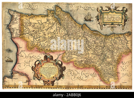 L'annata 1570 Mappa del Portogallo nel "Theatrum Orbis Terrarum" (1570) de Abraham Ortelius Mappa Antique ORTELIUS DOPO SECO PORTOGALLO XVI secolo inizio storico old Foto Stock