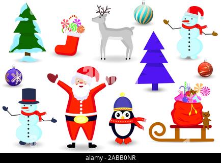 Anno nuovo set disegno vettoriale Santa Claus, snowman, renne, pinguino e orso con doni su di una slitta Illustrazione Vettoriale