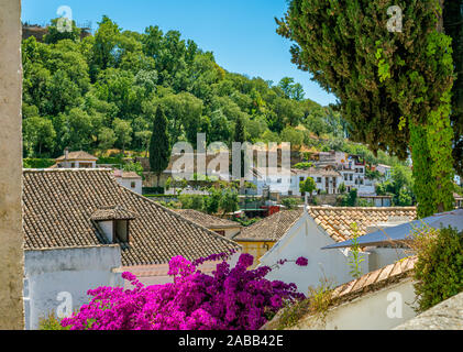 Il pittoresco quartiere Albaicin di Granada in un assolato pomeriggio di estate. Andalusia, Spagna. Foto Stock