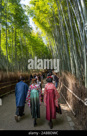 Un uomo e due donne che camminano in abiti tradizionali nel boschetto di bambù di Arashiyama, che è una foresta naturale di bambù in Arashiyama, Kyoto, Giappone. Foto Stock