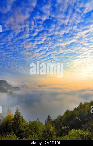 Pesce-scala-come cloud, noto anche come Altocumulus translucidus, che indica una grave aria fredda, appeso sopra la montagna di giallo, formando un meraviglioso na Foto Stock