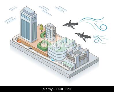 Il Sunshine City e battenti pinguini in Ikebukuro, Tokyo. Sfondo bianco.illustrazione isometrica. Foto Stock