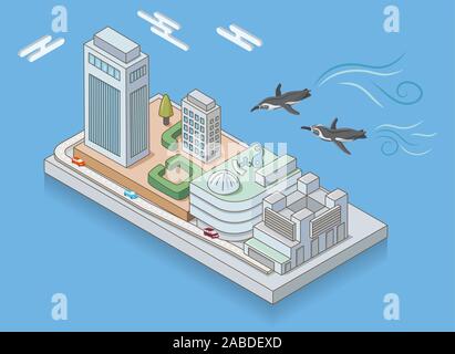 Il Sunshine City e battenti pinguini in Ikebukuro, Tokyo. Sfondo blu.illustrazione isometrica. Foto Stock