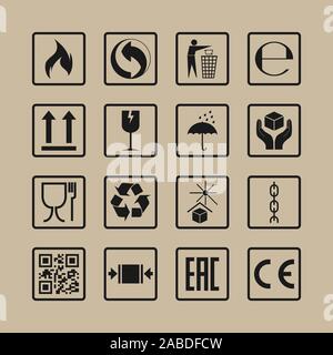 Icone di confezionamento, pacchetto set di segni. Illustrazione Vettoriale, design piatto. Illustrazione Vettoriale