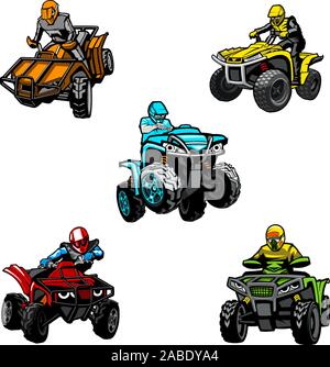 Cinque full-color quad bikes da diverse angolazioni, sfondo isolato Illustrazione Vettoriale