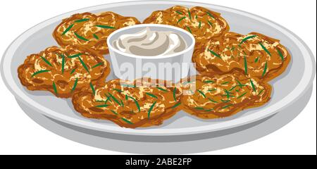 Illustrazione delle frittelle di patate con panna acida salsa Illustrazione Vettoriale