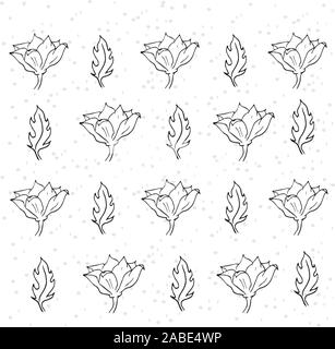 Sfondo senza giunture - Schizzo nero foglie, fiori e boccioli di fiori su un fondo bianco con macchie grigio. grafica vettoriale, Illustrazione Vettoriale