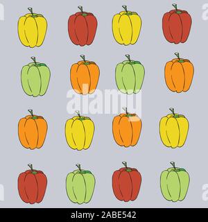 Sfondo senza giunture - Schizzo il peperone verde, il peperone rosso, il peperone giallo su sfondo grigio. La grafica vettoriale Illustrazione Vettoriale