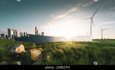 Concetto di energia sostenibile in soluzione nel bellissimo tramonto retroilluminazione. Cornice pannelli solari, l'energia della batteria impianto di stoccaggio, le turbine eoliche e grande Foto Stock