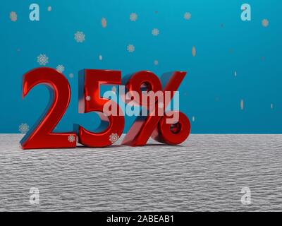 Red 25 venticinque percento di firmare in un paesaggio invernale con la neve e i fiocchi di neve caduta e sfondo blu - 3d rendering Foto Stock