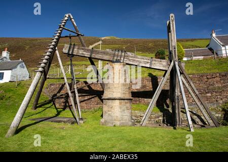 Wanlockhead Beam Engine per il pompaggio dell'acqua dalla miniera di StraitSteps, l'unico motore a trave alimentato ad acqua originale rimasto nel Regno Unito Foto Stock