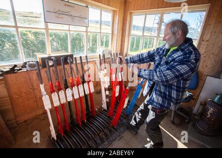 La Leadhills e la Wanlockhead Railway, una ferrovia a scartamento ridotto di 2 piedi nel Lanarkshire meridionale, Scozia, che corre tra Leadhills e Wanlockhead Foto Stock