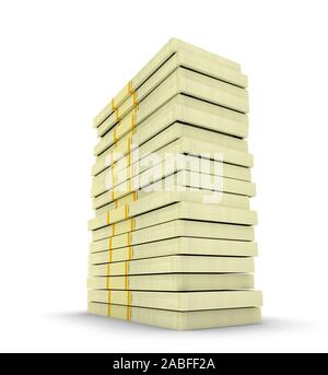 Illustrazione di un sacco di soldi dalla pila di dollari usa isolato su bianco. Concetti di finanziamento. 3D render Foto Stock