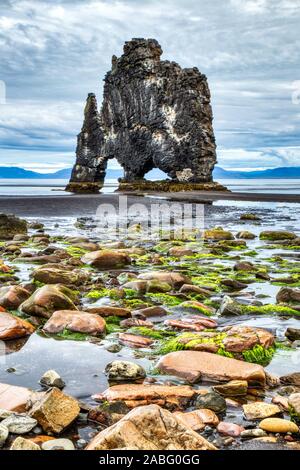 Hvitserkur durante il giorno nuvoloso, una spettacolare roccia nel mare sulla costa nord di Islanda Foto Stock