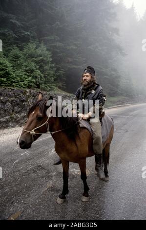 8 agosto 1993 durante la guerra in Bosnia: Un barbuto soldato Bosnian-Serb si siede a cavallo del suo cavallo sul Monte Trebevic, sulla strada tra il pallido e Sarajevo. Foto Stock