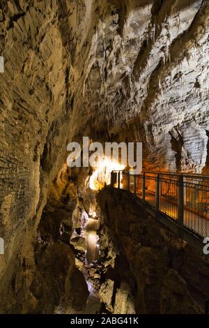 Stalattiti e stalagmiti in caverna di Ruakuri, Waitomo, Nuova Zelanda Foto Stock