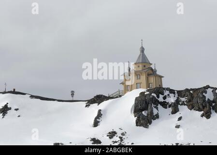 I Russo Ortodossi orientali chiesa della Trinità alla stazione Bellingshausen, sull'isola King George, a sud le isole Shetland, Antartide Foto Stock