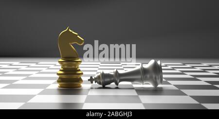 Vincitore, scacchi scacco matto cavaliere del concetto. Scacchi cavallo permanente d'oro, argento re giù, scacchiera sfondo. 3d illustrazione Foto Stock