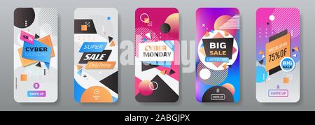 Cyber lunedì grande vendita set figurine annuncio offerta speciale concetto di vacanza shopping sconto schermate dello smartphone collezione online mobile app orizzontale illustrazione vettoriale Illustrazione Vettoriale