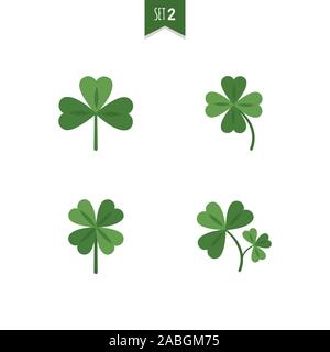 La fortuna di foglie di trifoglio set vettore isolato su sfondo bianco. Quattro e tre foglia di trifoglio. Illustrazione piatta Illustrazione Vettoriale