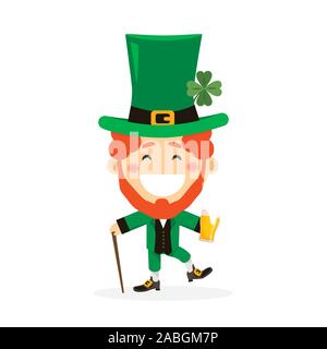 Saint Patricks giorno con ragazzo in abito tradizionale e copricapo. L'Irlanda celebrazione festival irlandese e fortunato tema. Appartamento illustrazione vettoriale Illustrazione Vettoriale