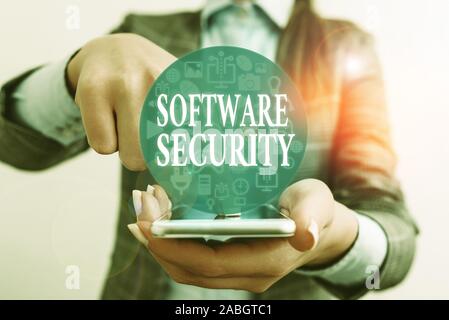 Testo della scrittura di software di scrittura di sicurezza. Foto concettuale realizzato per proteggere il software contro attacchi da parte di utenti malintenzionati Foto Stock