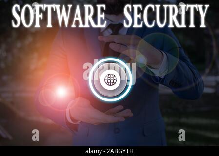 Testo della scrittura di software di scrittura di sicurezza. Foto concettuale realizzato per proteggere il software contro attacchi da parte di utenti malintenzionati Foto Stock