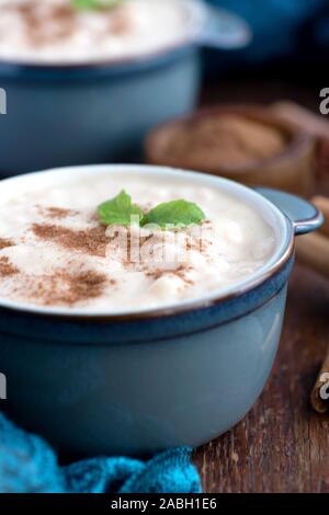 Chiudere verticali su immagine recipiente di riscaldamento di casalinghe budino di riso con cannella spice camera per copia-spazio e sovrapposizione di testo in background Foto Stock