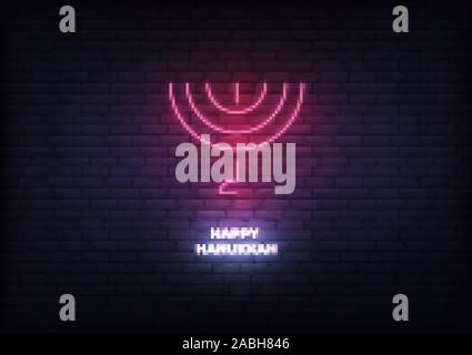Happy Hannukah. Il Menorah insegna al neon. Decorazione incandescente per Ebrei Chanukkah holiday Illustrazione Vettoriale