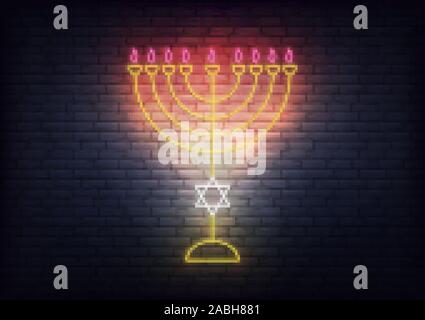 Il Menorah insegna al neon per Hanukkah. Oro incandescente decorazione per Chanukkah ebraica holiday Illustrazione Vettoriale