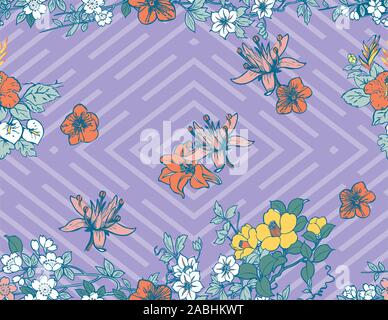 Carino colorati fiori su sfondo geometrico. - Vettore Illustrazione Vettoriale