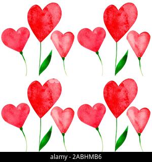 Modello senza cuciture con dipinti a mano rosso acquerello amore fiori isolati in colore bianco. Foto Stock