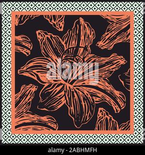 Disegnata a mano motivo floreale nel telaio geometrico. Fiore di arancia isolati su sfondo nero. - Vettore Illustrazione Vettoriale
