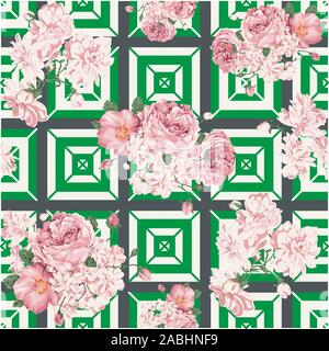 Seamless fiori vintage pattern su piazze dello sfondo. Carino floral blossom. - Vettore Illustrazione Vettoriale